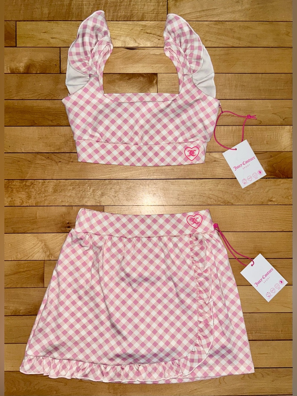 NEW! NWT JUICY COUTURE Ruffle Crop Top & Skort Set Gingham Pink/White Size XS